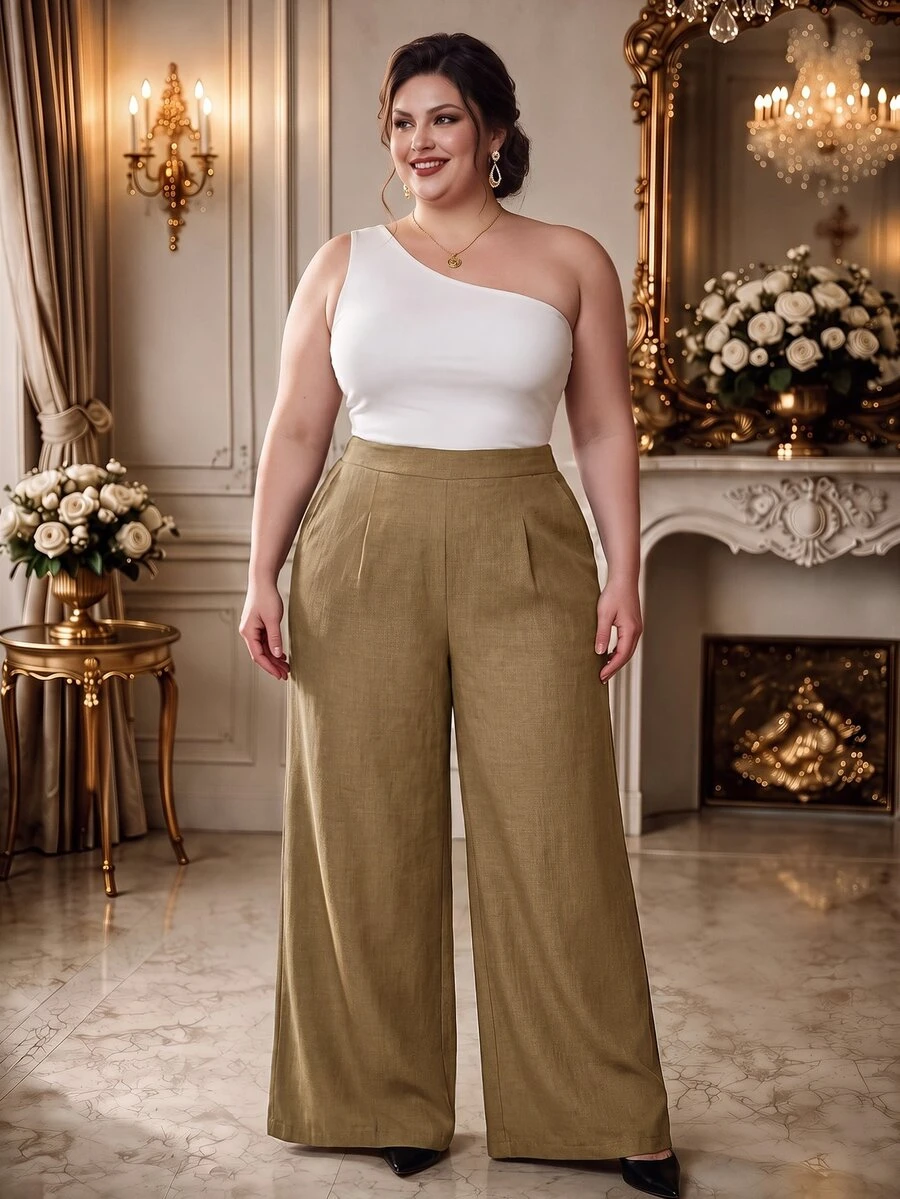 Rometta Halloween Plus Size Casual Loose Wide Leg Pants, Suitable For Daily Commute Fall Cloth For Women - Camel - View 1