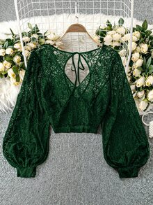 Rometta Plus Size Women Sheer Hollow Out Sexy Top Fall Cloth For Women - Dark Green - View 3