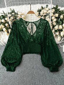Rometta Plus Size Women Sheer Hollow Out Sexy Top Fall Cloth For Women - Dark Green - View 2