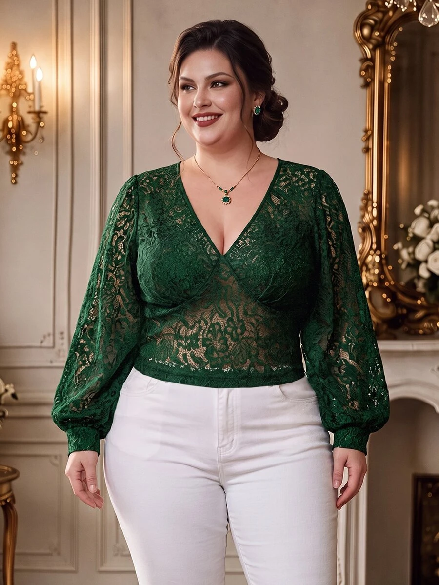 Rometta Plus Size Women Sheer Hollow Out Sexy Top Fall Cloth For Women - Dark Green - View 1