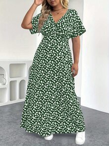 DreamSkyne 大码碎花时尚性感V领波点短袖连衣裙，波西米亚风长裙 - 墨綠色 - 查看 4