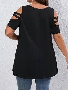 Rometta Camiseta informal y de trabajo de manga corta con cuello en V, cremallera decorativa y hombros descubiertos, talla grande - Negro - Ver 2