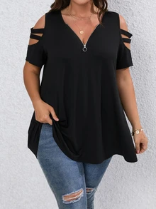 Rometta Camiseta informal y de trabajo de manga corta con cuello en V, cremallera decorativa y hombros descubiertos, talla grande - Negro - Ver 5
