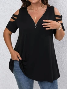 Rometta Camiseta informal y de trabajo de manga corta con cuello en V, cremallera decorativa y hombros descubiertos, talla grande - Negro - Ver 3