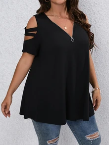 Rometta Camiseta informal y de trabajo de manga corta con cuello en V, cremallera decorativa y hombros descubiertos, talla grande - Negro - Ver 6