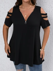 Rometta Camiseta informal y de trabajo de manga corta con cuello en V, cremallera decorativa y hombros descubiertos, talla grande - Negro - Ver 7
