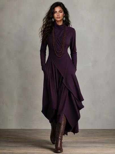 Everyssa Women's Elegant French Fall‑Winter Dark‑Purple Asymmetric‑Hem Long‑Sleeve Dress For Christmas, Halloween, New‑Year, Party, High‑Tea & Daily‑Commute