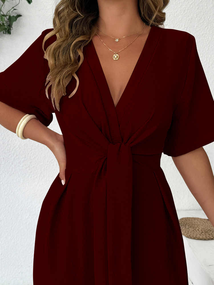 Rometta Fashionable Casual Elegant Retro V-Neck Cinched Waist Jumpsuit Brunch Party Dark Purple Summer - Burgundy - View 6