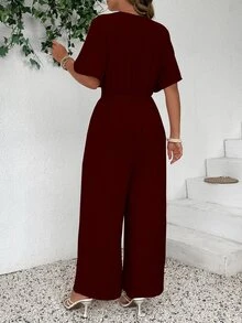Rometta 大尺碼時尚休閒優雅復古V領收腰連身褲 深紫色 夏季 早午餐派對穿搭 - 酒紅色 - 查看 2