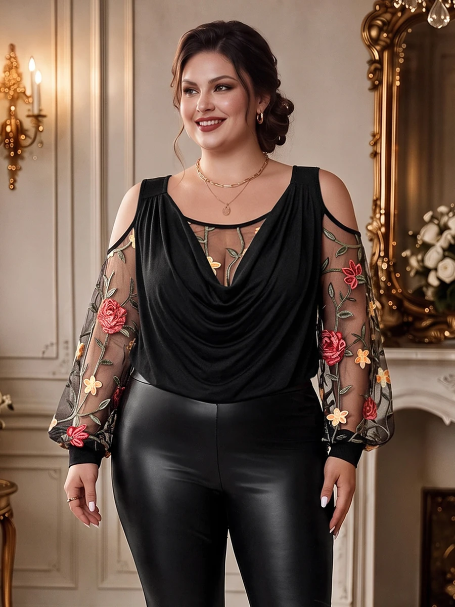 Rometta Plus Size 3D Multicolor Embroidered Mesh Patchwork Black Soft Knit Fabric Lantern Sleeve Cold Shoulder 2 In 1 Cowl Neck Cold Shoulder Casual Mature Women's Top For Outing, Date, Party, Vacation - Black - View 1