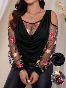 Rometta Plus Size 3D Multicolor Embroidered Mesh Patchwork Black Soft Knit Fabric Lantern Sleeve Cold Shoulder 2 In 1 Cowl Neck Cold Shoulder Casual Mature Women's Top For Outing, Date, Party, Vacation - Black - View 3