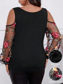 Rometta Plus Size 3D Multicolor Embroidered Mesh Patchwork Black Soft Knit Fabric Lantern Sleeve Cold Shoulder 2 In 1 Cowl Neck Cold Shoulder Casual Mature Women's Top For Outing, Date, Party, Vacation - Black - View 2