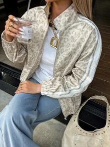 SHEIN EZwear Leopard Print Knit Women's Regular Jacket - Grey - View 5