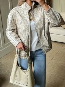 SHEIN EZwear Leopard Print Knit Women's Regular Jacket - Grey - View 7