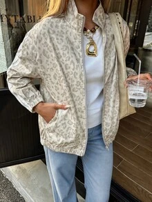 SHEIN EZwear Leopard Print Knit Women's Regular Jacket - Grey - View 4