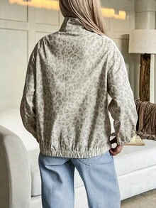 SHEIN EZwear Leopard Print Knit Women's Regular Jacket - Grey - View 2