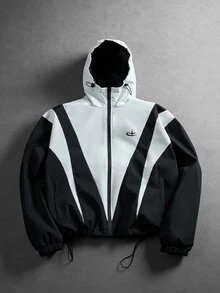Manfinity Roughcore Vintage Patchwork Hooded Windbreaker, Zipper Logo Print Loose Jacket, Drawstring Hem, Suitable For Autumn/Winter Streetwear Daily Outfits - Black and White - View 1