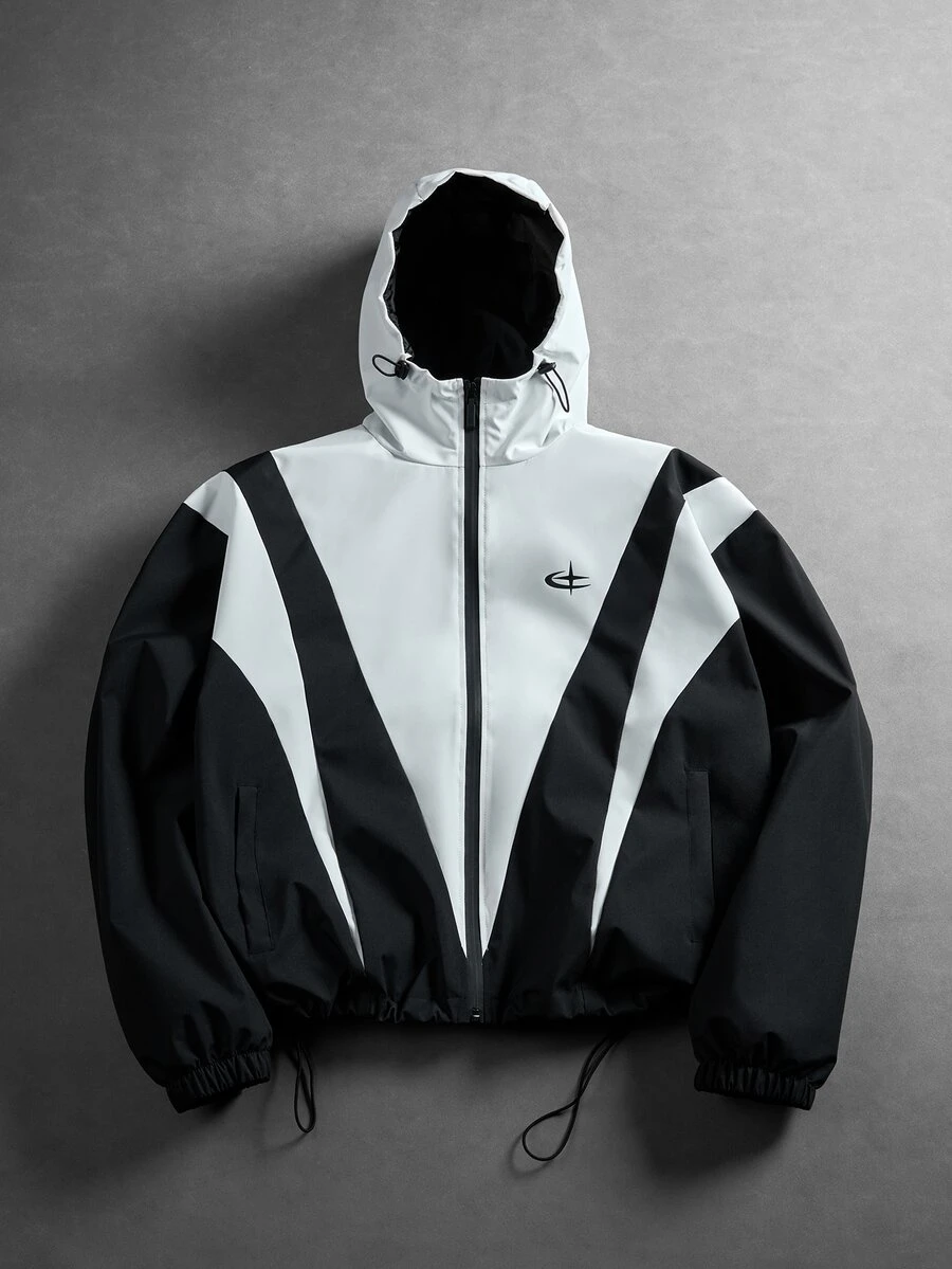 Manfinity Roughcore Vintage Patchwork Hooded Windbreaker, Zipper Logo Print Loose Jacket, Drawstring Hem, Suitable For Autumn/Winter Streetwear Daily Outfits - Black and White - View 1