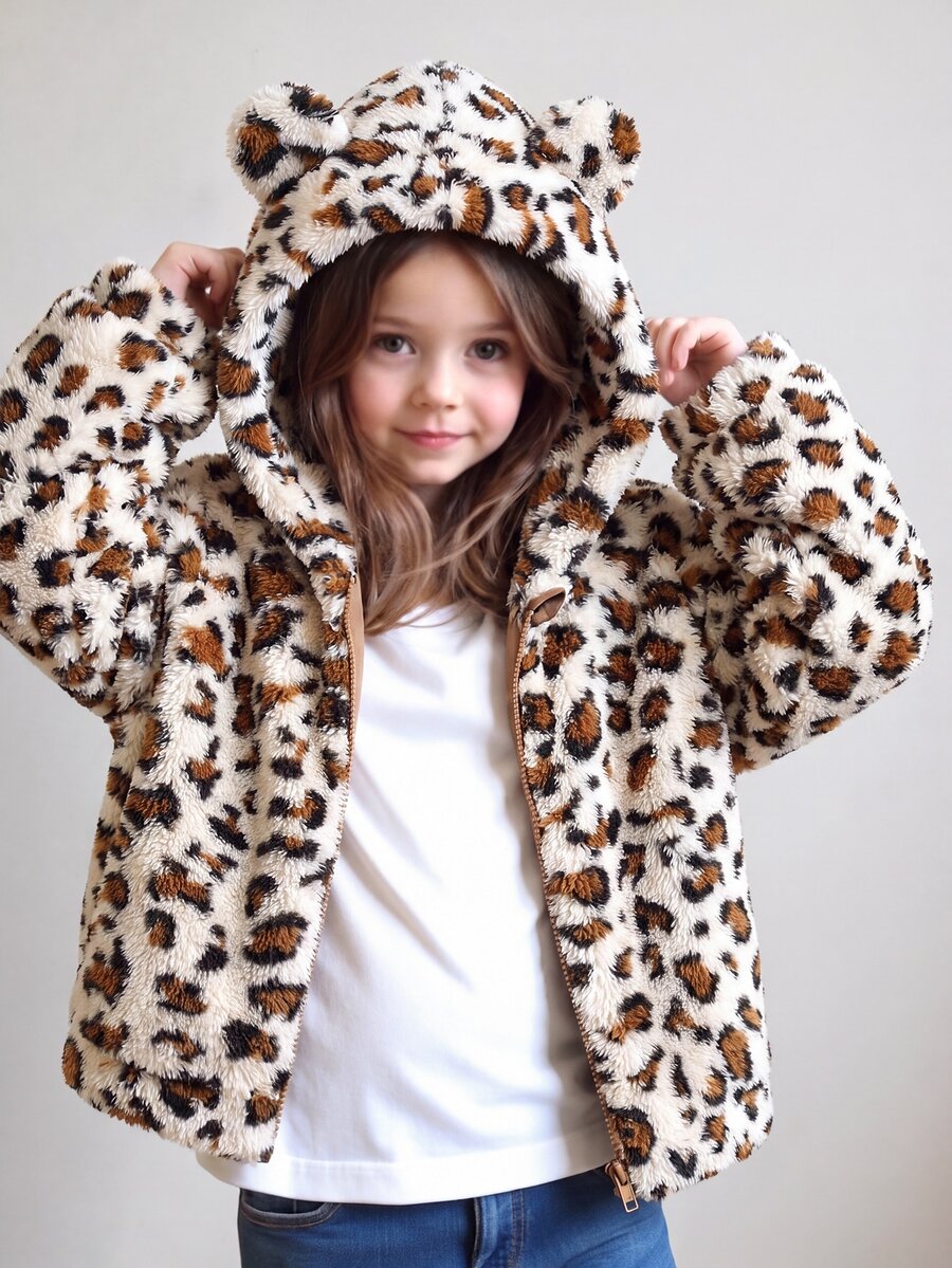 SHEIN Girls' Winter Casual Western Leopard Print Fleece Jacket With Zipper Front, Jacquard Hooded Thick Cardigan - Multicolor - View 1