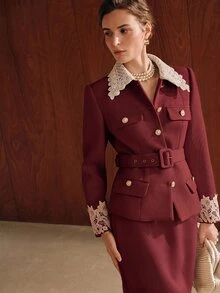 Anewsta 秋冬新款駝色優雅休閒百搭專業通勤設計蕾絲拼接 Polo 長袖女款羊毛短夾克附腰帶 - 酒紅色 - 查看 7