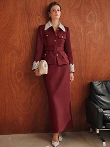 Anewsta 秋冬新款駝色優雅休閒百搭專業通勤設計蕾絲拼接 Polo 長袖女款羊毛短夾克附腰帶 - 酒紅色 - 查看 6