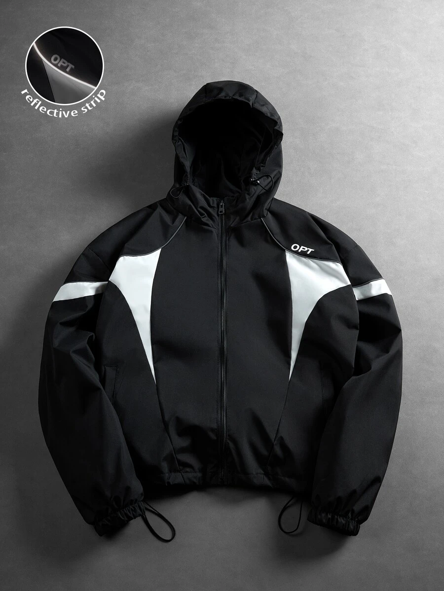 Manfinity Hypemode Y2K Colorblock Short Hooded Windbreaker, Loose Letter Print Zipper Jacket, Drawstring Hem Streetwear Casual Everyday Jacket - Black and White - View 1