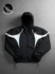 Manfinity Hypemode Y2K Colorblock Short Hooded Windbreaker, Loose Letter Print Zipper Jacket, Drawstring Hem Streetwear Casual Everyday Jacket - Black and White - View 3