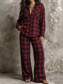 Linhara CURVE Plus Size Women's Casual Check Shirt And Pants Autumn Set Fall - Red - View 4