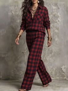 Linhara CURVE Plus Size Women's Casual Check Shirt And Pants Autumn Set Fall - Red - View 7