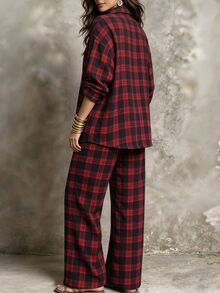 Linhara CURVE Plus Size Women's Casual Check Shirt And Pants Autumn Set Fall - Red - View 2