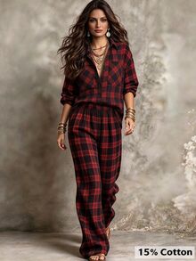 Linhara CURVE Plus Size Women's Casual Check Shirt And Pants Autumn Set Fall - Red - View 1