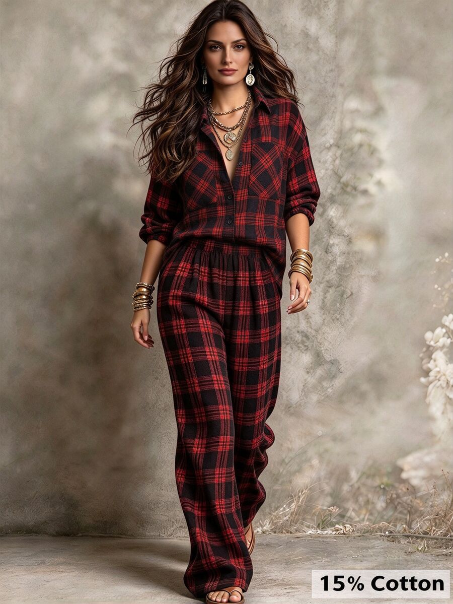 Linhara CURVE Plus Size Women's Casual Check Shirt And Pants Autumn Set Fall - Red - View 1