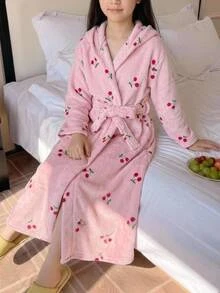 SHEIN KIDS Tween Girl Knitted Pink Flannel Printed Cherry Hooded Loose Drawstring Loungewear - Pink - View 7