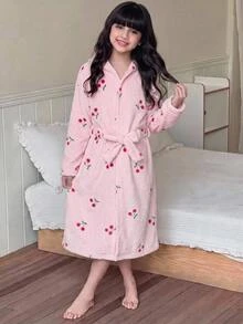 SHEIN KIDS Tween Girl Knitted Pink Flannel Printed Cherry Hooded Loose Drawstring Loungewear - Pink - View 1