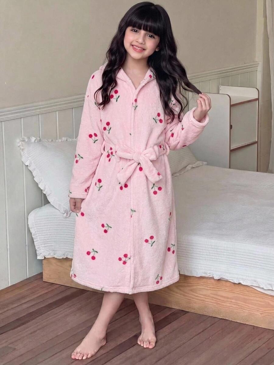 SHEIN KIDS Tween Girl Knitted Pink Flannel Printed Cherry Hooded Loose Drawstring Loungewear - Pink - View 1