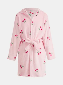 SHEIN KIDS Tween Girl Knitted Pink Flannel Printed Cherry Hooded Loose Drawstring Loungewear - Pink - View 2