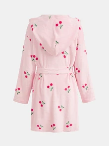 SHEIN KIDS Tween Girl Knitted Pink Flannel Printed Cherry Hooded Loose Drawstring Loungewear - Pink - View 3