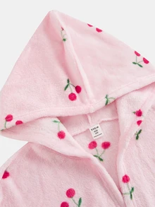 SHEIN KIDS Tween Girl Knitted Pink Flannel Printed Cherry Hooded Loose Drawstring Loungewear - Pink - View 4