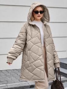 SHEIN Cottnline Plus Size Quilted Women's Jacket With Hood, Pockets Office Club Grey Winter Casual Swaggy - Beige - View 4