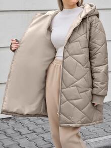 SHEIN Cottnline Plus Size Quilted Women's Jacket With Hood, Pockets Office Club Grey Winter Casual Swaggy - Beige - View 6