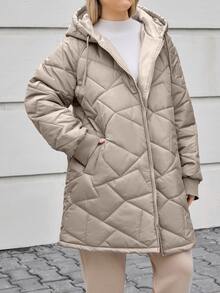 SHEIN Cottnline Plus Size Quilted Women's Jacket With Hood, Pockets Office Club Grey Winter Casual Swaggy - Beige - View 5