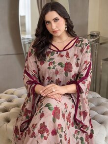 Al Najma Plus Size Women's Floral Print Elegant Ninang Bohemian Modest Vacation Arabian Dress Wedding Morning Thailand Holiday Burgundy Fall - Multicolor - View 4