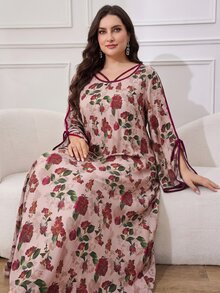Al Najma Plus Size Women's Floral Print Elegant Ninang Bohemian Modest Vacation Arabian Dress Wedding Morning Thailand Holiday Burgundy Fall - Multicolor - View 1
