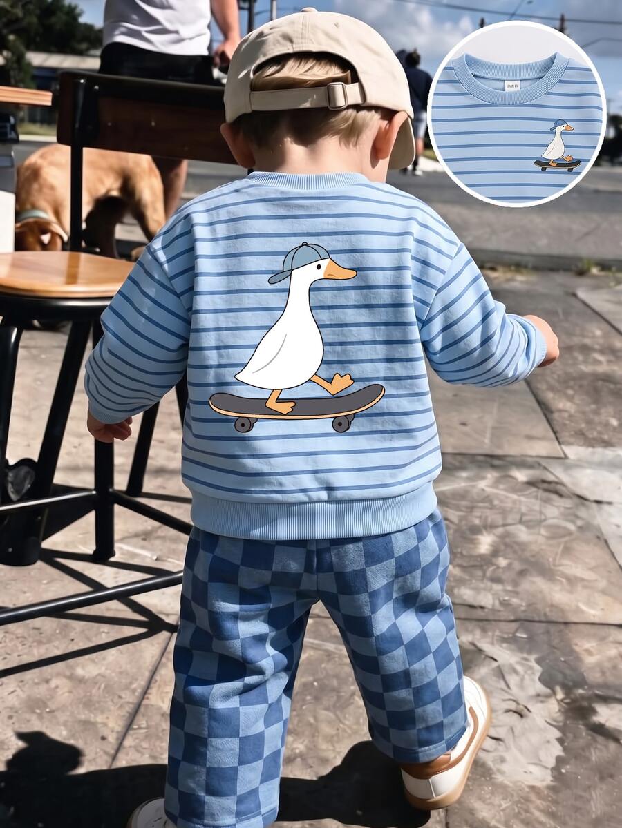 Baby Boys 2pcs Striped Duck Print Sweatshirt And Checkerboard Pants Set - Multicolor - View 1