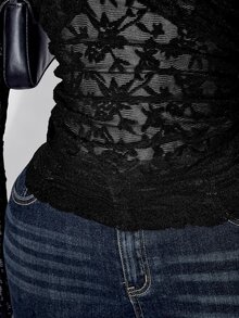 SHEIN ICON Women's Plus Size Autumn/Winter Retro Sexy Simple Casual Millennial Style Y2K Elegant Gothic Style V-Neck Lace Patchwork Bell Sleeve Black Flocked Top - Black - View 6