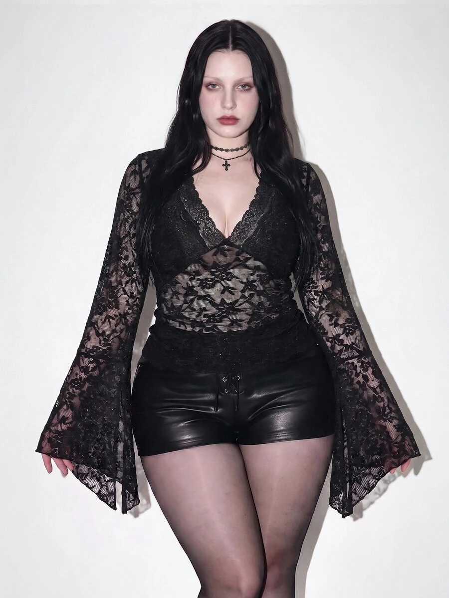 SHEIN ICON Women's Plus Size Autumn/Winter Retro Sexy Simple Casual Millennial Style Y2K Elegant Gothic Style V-Neck Lace Patchwork Bell Sleeve Black Flocked Top - Black - View 1