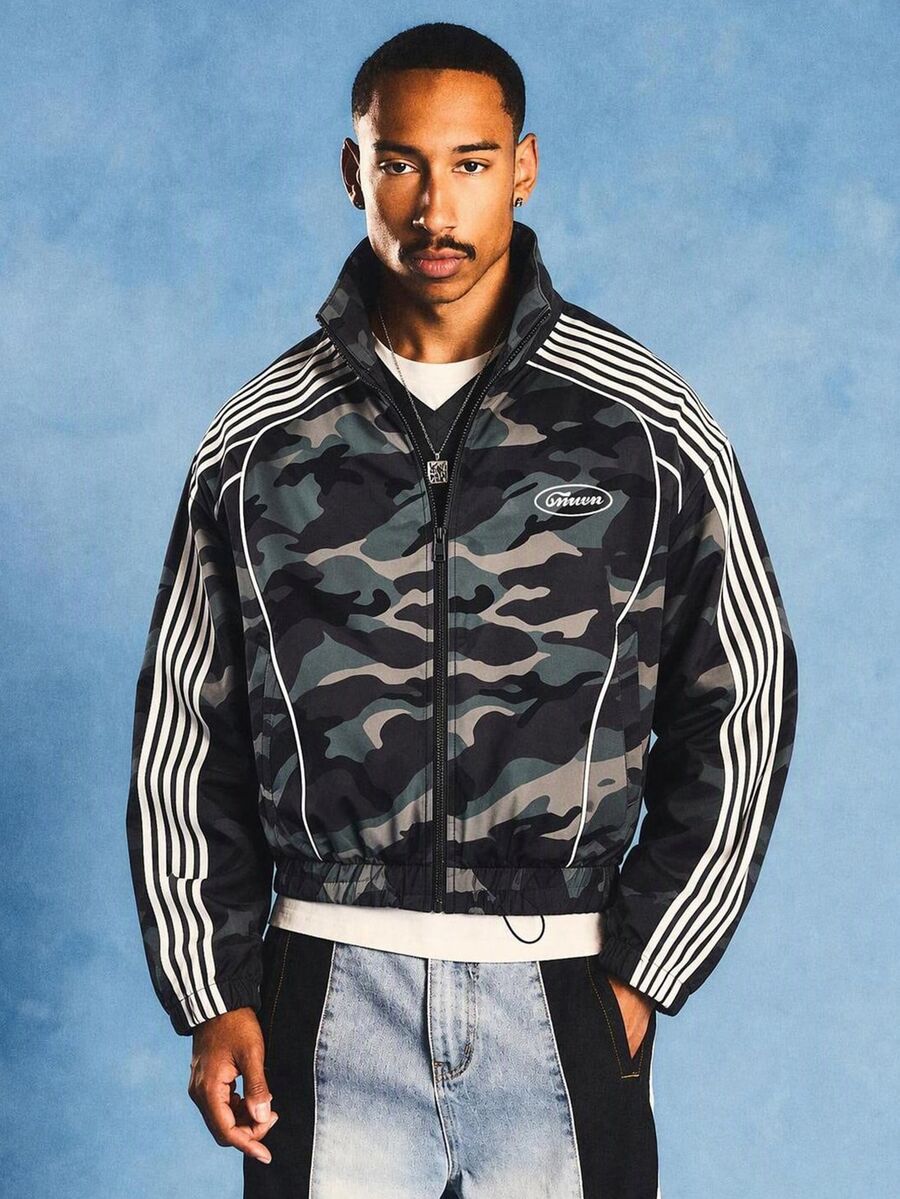 SUMWON Camouflage Print Full Zip Windbreaker Jacket With Striped Sleeves Drawstring Hem And Logo Detail - Army Green - View 1