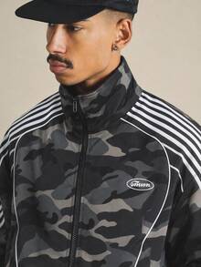 SUMWON Camouflage Print Full Zip Windbreaker Jacket With Striped Sleeves Drawstring Hem And Logo Detail - Army Green - View 4