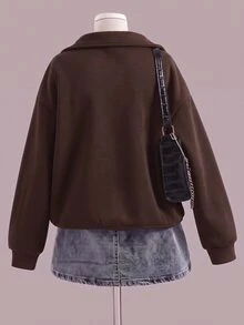 SHEIN Sweetra Young Tween Girls Fleece Fall Clothes Casual #23 Graphic Oversized Sweatshirt, Warm, Fall, Winter, Outfit, Comfortable, Daily, Long Sleeve, Loose - Brown - View 2