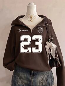SHEIN Sweetra Young Tween Girls Fleece Fall Clothes Casual #23 Graphic Oversized Sweatshirt, Warm, Fall, Winter, Outfit, Comfortable, Daily, Long Sleeve, Loose - Brown - View 1